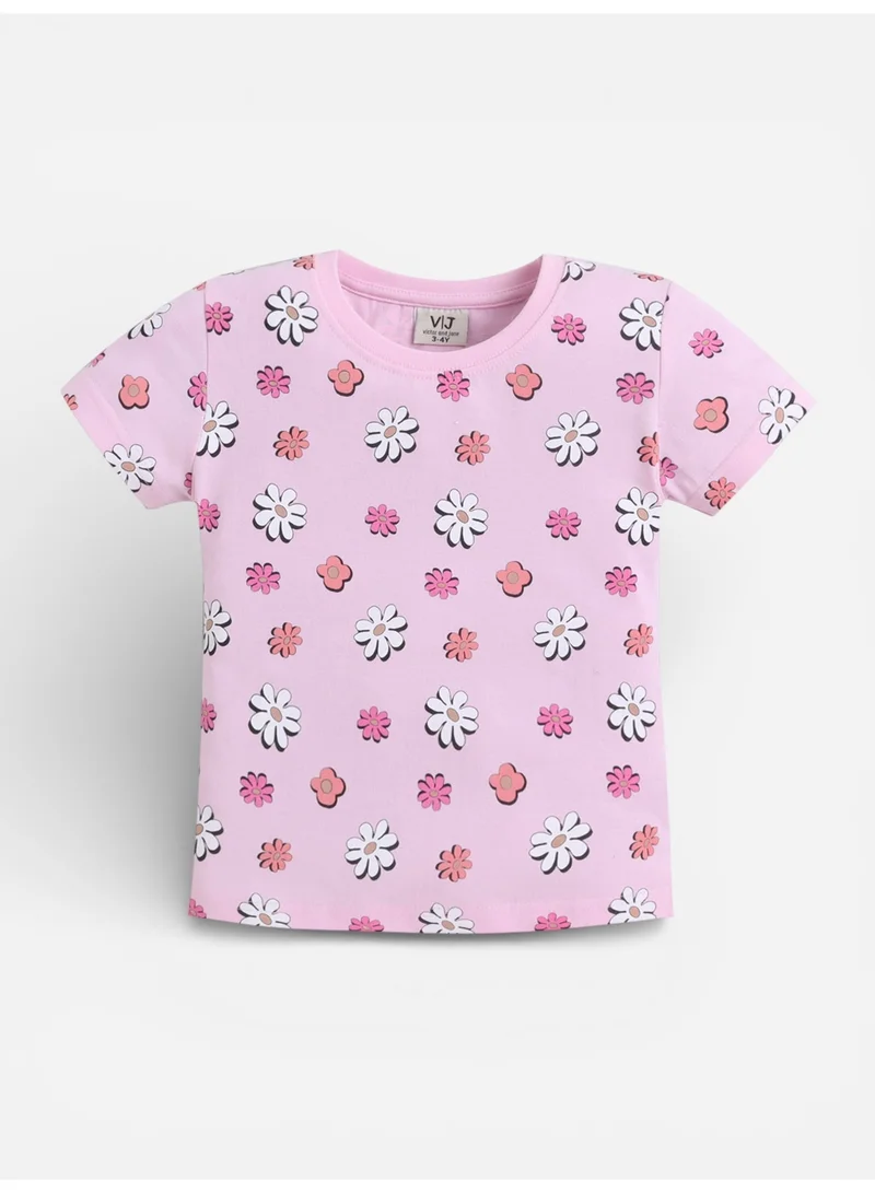فكتور اند جين Girls Floral Print Cotton Pajama Set – T-Shirt & Full Pants Nightwear